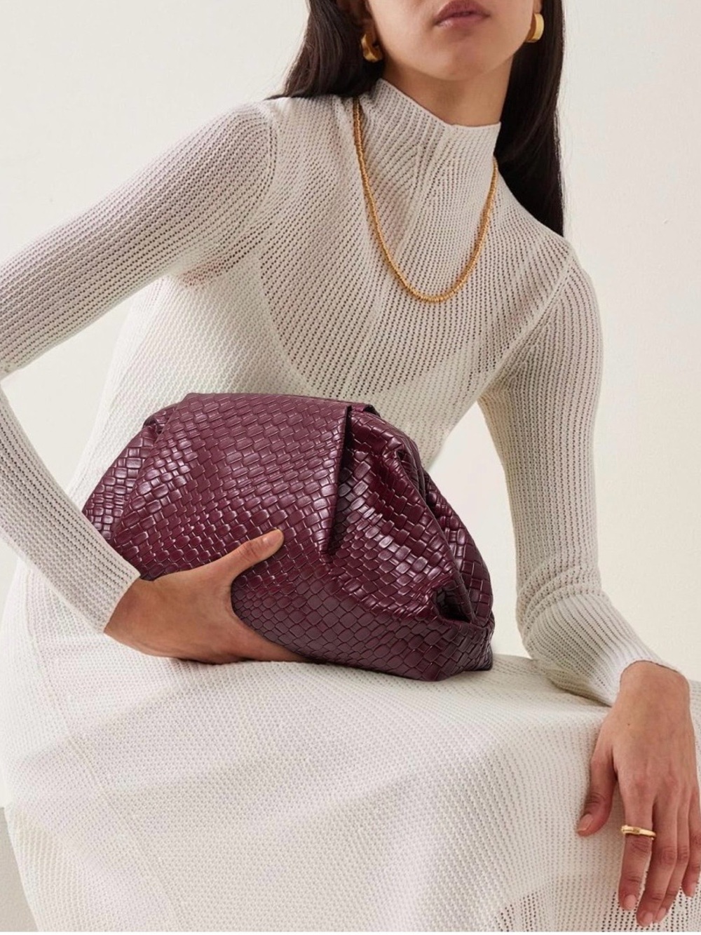 Luxury Burgundy Woven Leather Clutch Bag Elegant Oversized Evening Handbag